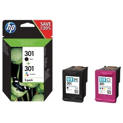 Cartouche HP 301 noir et couleur en comparaison d'une cartouche d'imprimante de marque Toner services pour la promotion de la black week